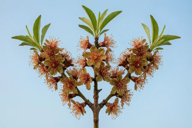 Een tak met rozebruine amandelbloesems, opvallende meeldraden en groene bladeren staat tegen een helderblauwe lucht.
