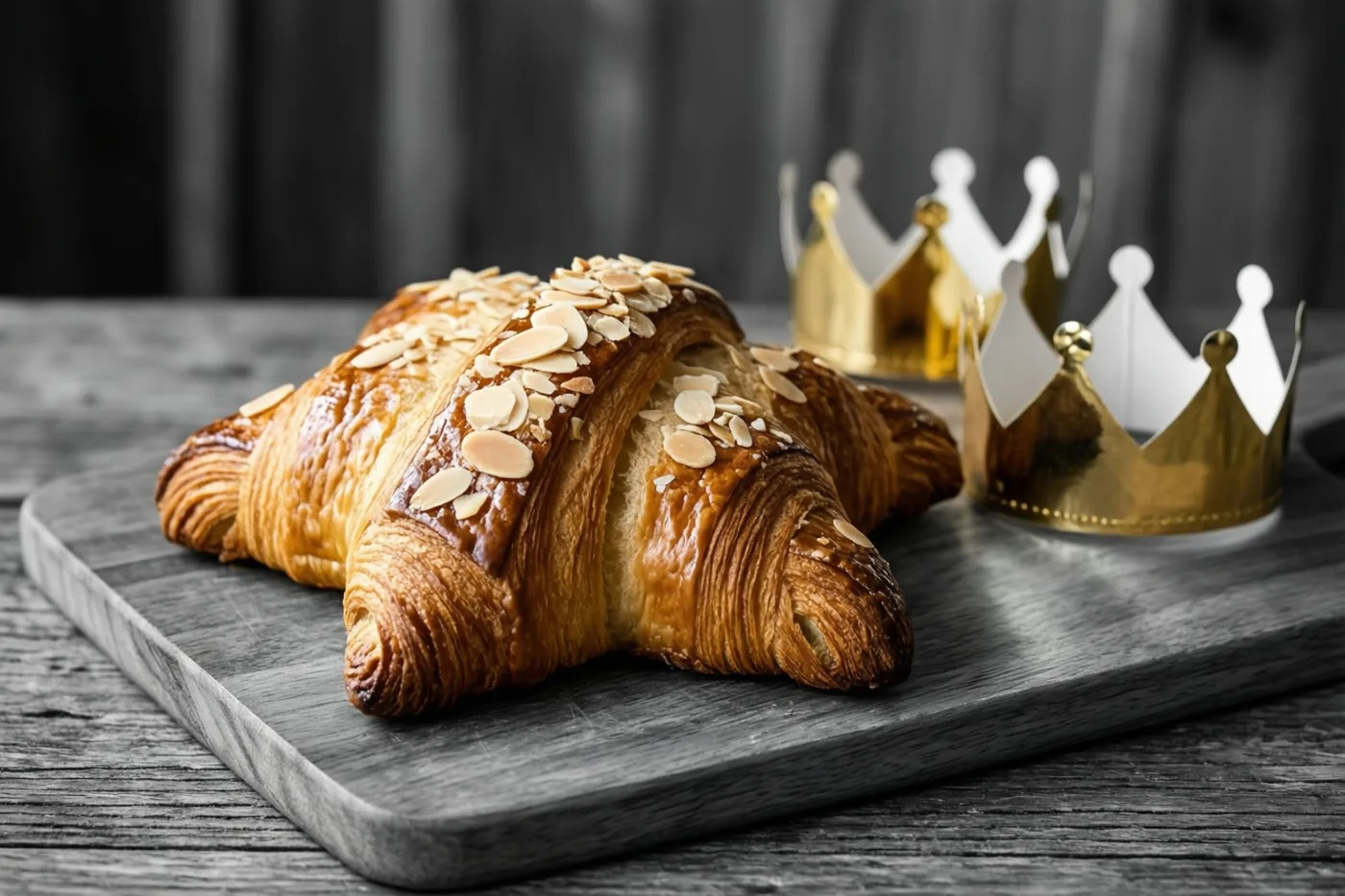 Een goudbruine amandelcroissant ligt op een donkere houten plank naast drie kleine goudkleurige papieren kronen, op een rustiek houten oppervlak tegen een donkere onscherpe achtergrond.