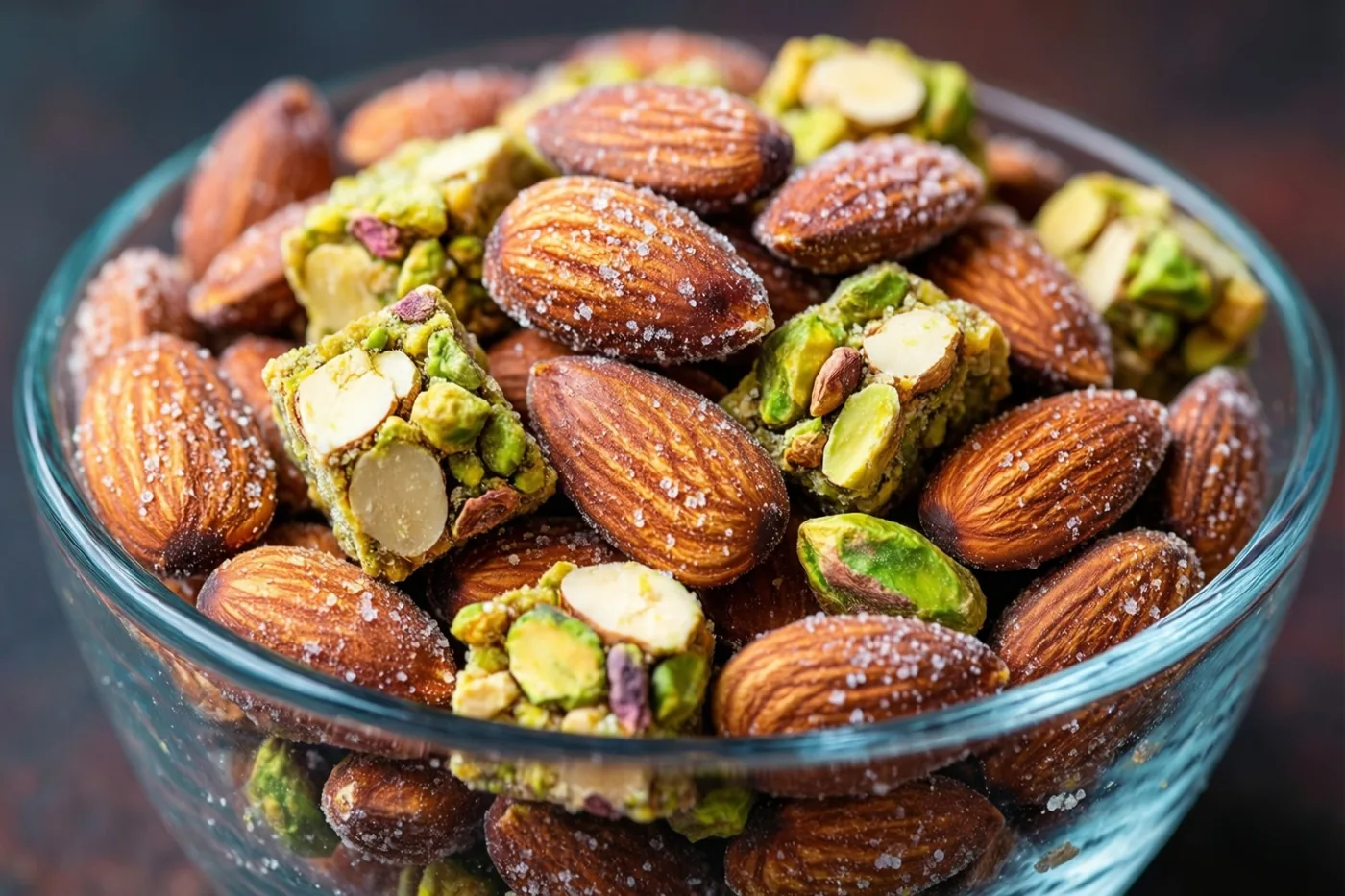 Een glazen kom met gesuikerde amandelen en stukjes pistachenoga staat tegen een donkere achtergrond.