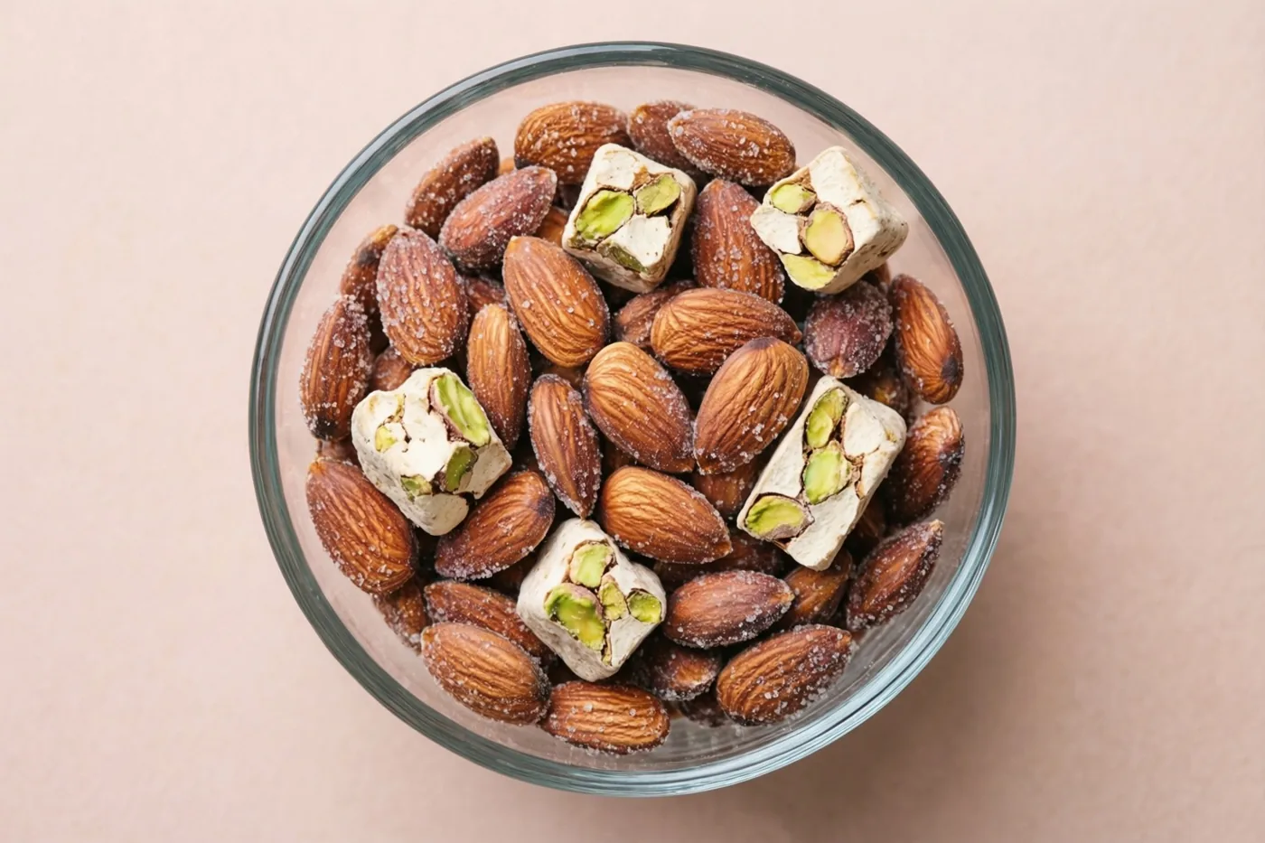 Een doorzichtige glazen kom met gesuikerde amandelen en stukjes pistachenougat staat op een effen beige ondergrond, van bovenaf gezien.