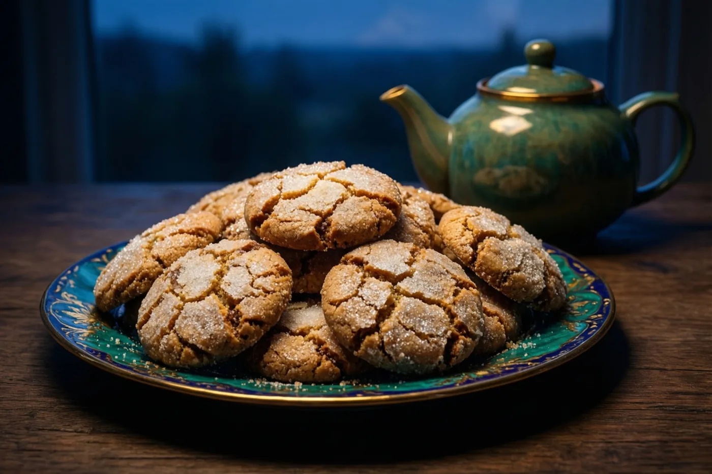 Een bord vol goudbruine amandelkoekjes met gebarsten suikerlaagjes staat naast een groene keramieken theepot op een houten tafel bij een donker raam met blauwe schemerlucht.