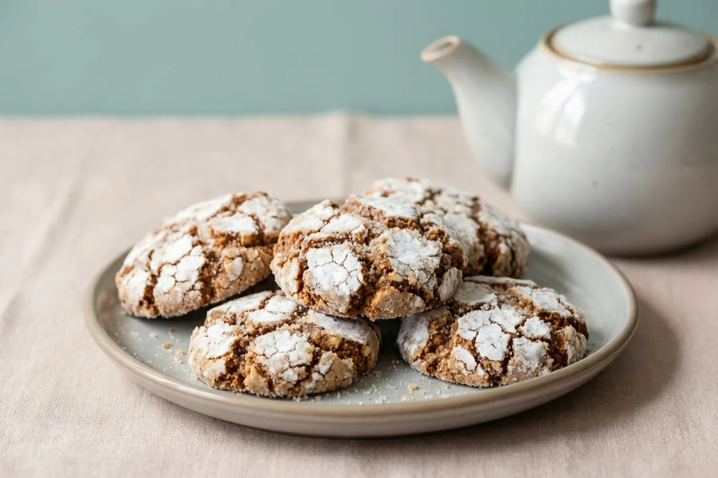 Een bord amandelkoekjes met gebarsten suikerlaagjes staat naast een witte theepot op een beige doek in zachte, gedempte kleuren.