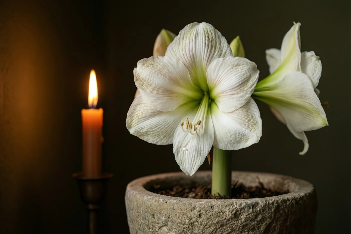 Een witte amaryllis in een ruwe stenen pot wordt verlicht door één brandende kaars tegen een donkere muur, in witte, donkerbruine en warmoranje tinten.