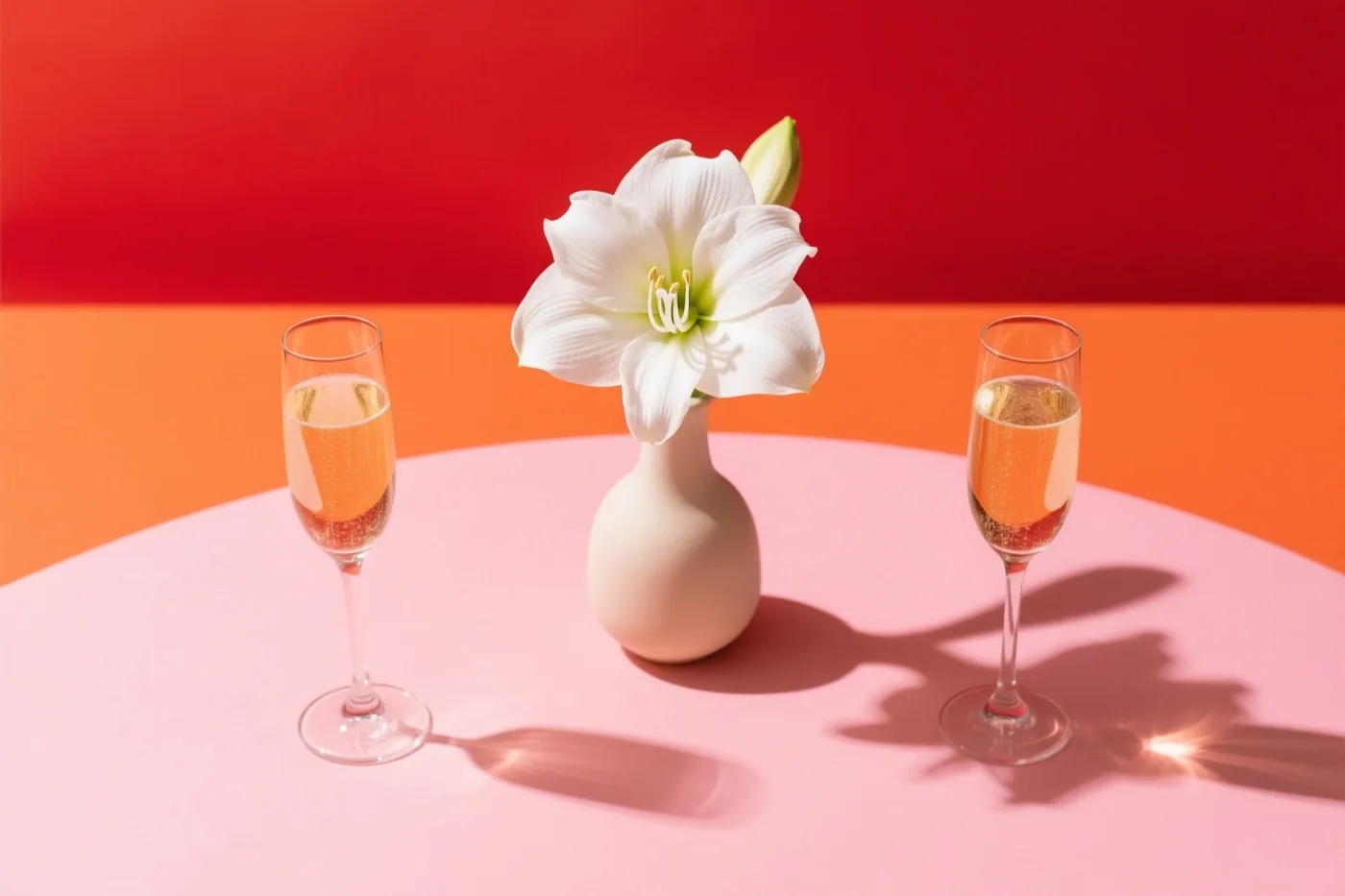 Een witte amaryllis in een crèmekleurige vaas staat tussen twee glazen met bubbels op een roze tafel, voor een rood-oranje achtergrond.