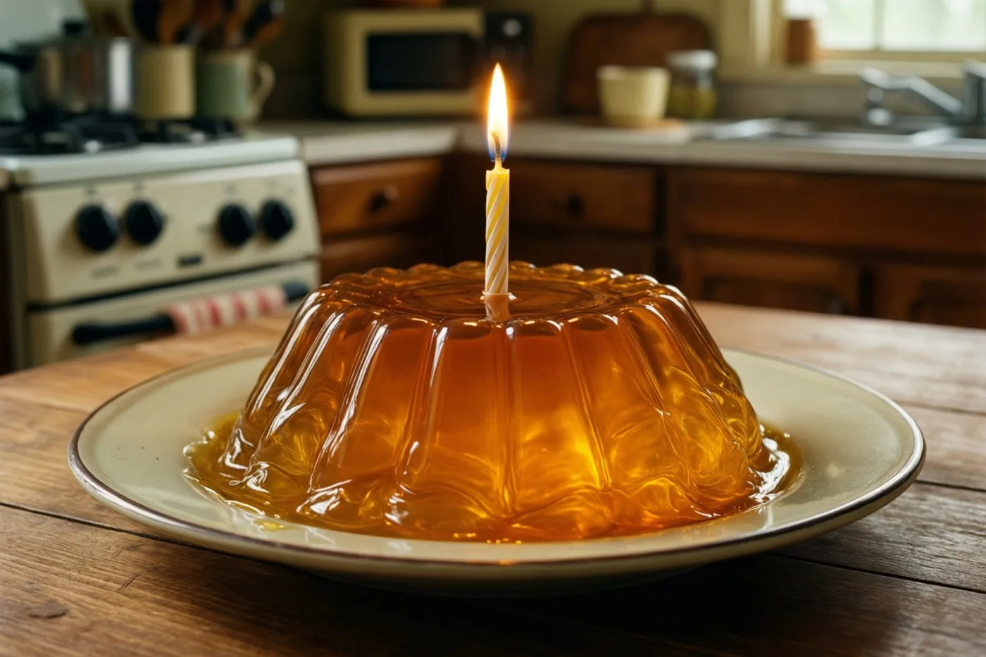 Een doorschijnende amberkleurige geleipudding met één brandend kaarsje staat op een wit bord op een houten keukentafel, met houten kasten en een oud fornuis op de achtergrond.