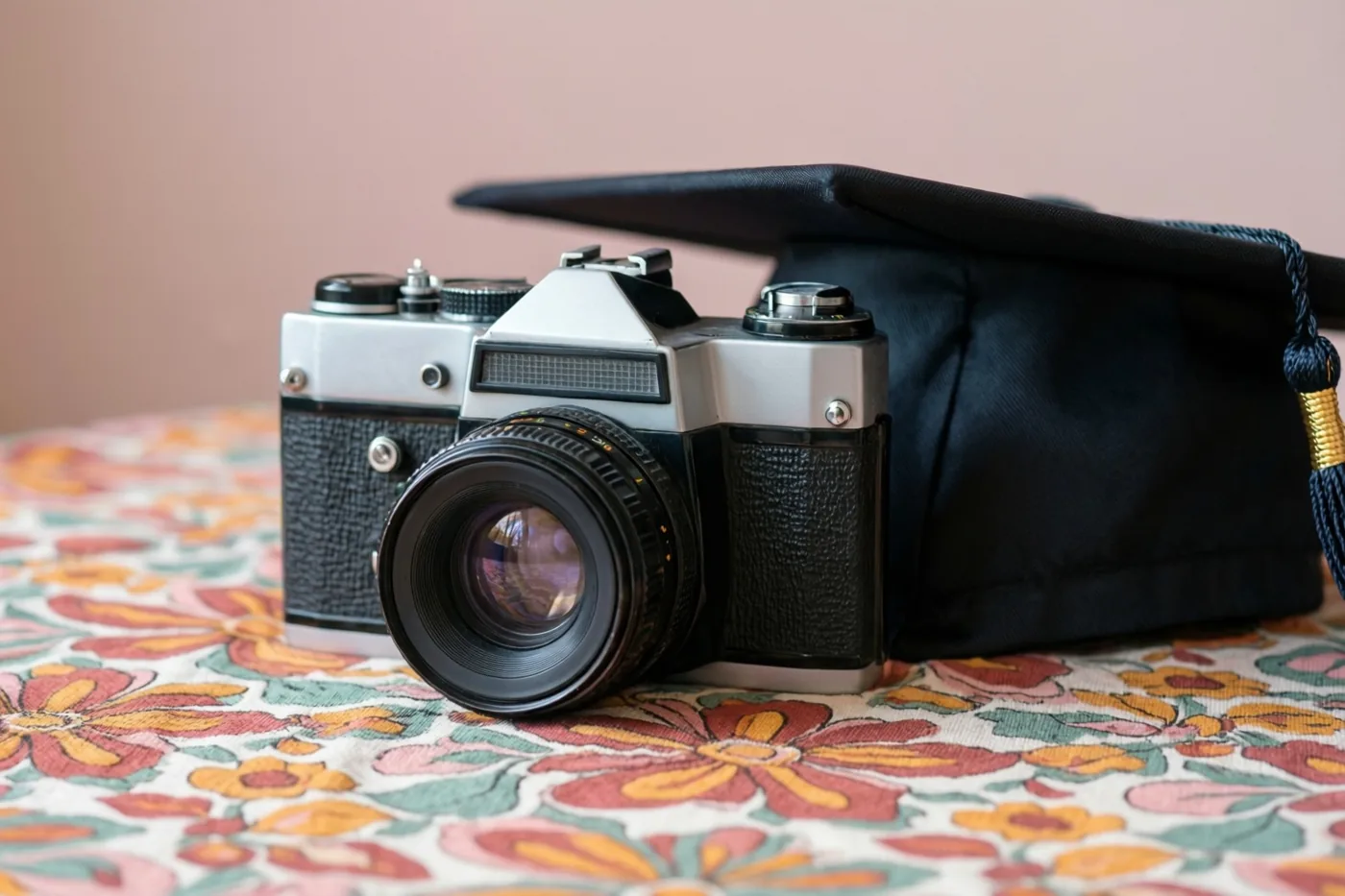 Een oude analoge camera en een afstudeerhoed liggen naast elkaar op een kleurrijk gebloemd tafelkleed tegen een zachtroze achtergrond.