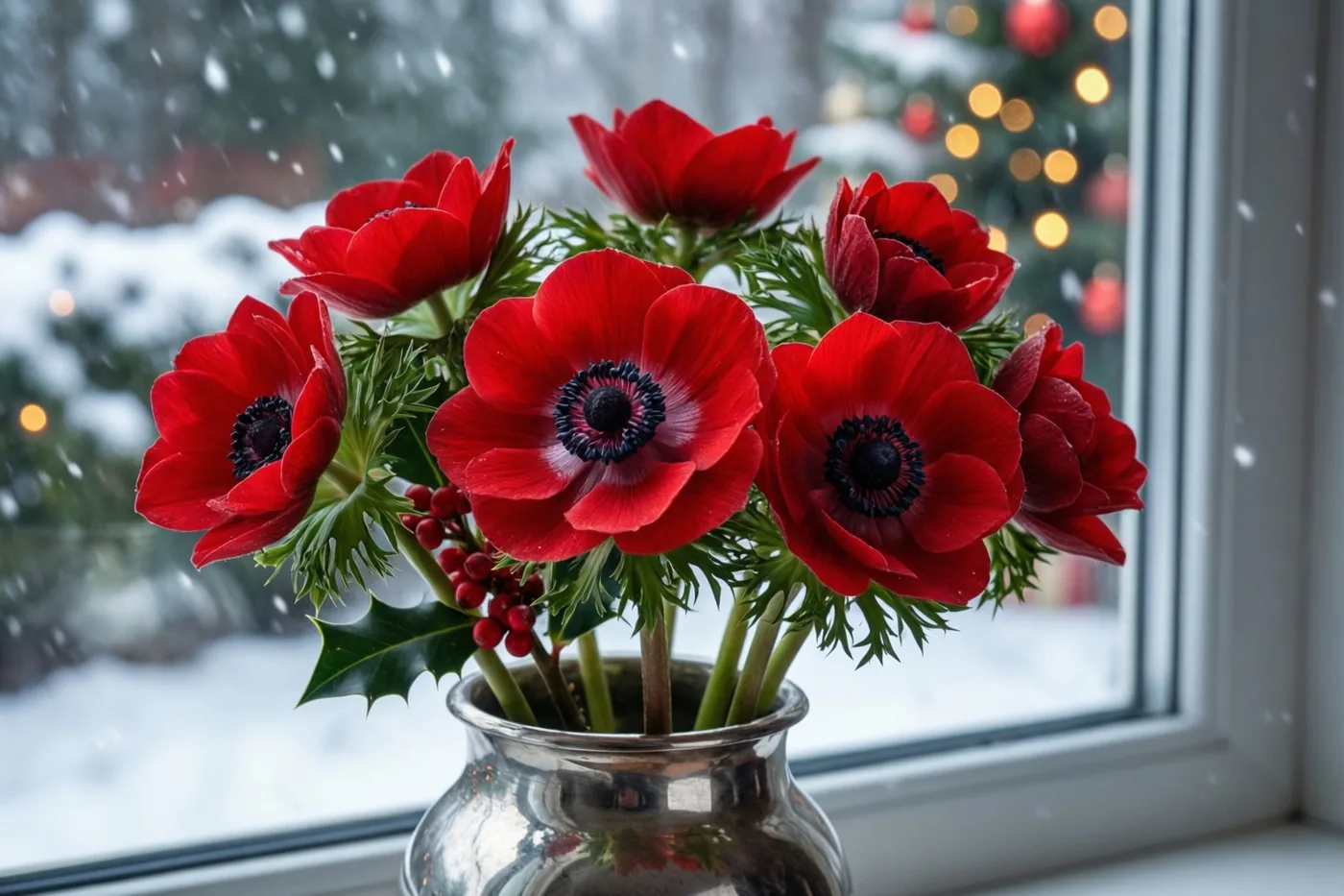 Een zilveren vaas met rode anemonen en hulstbessen staat op een vensterbank terwijl buiten sneeuw valt en onscherpe kerstlichtjes te zien zijn.