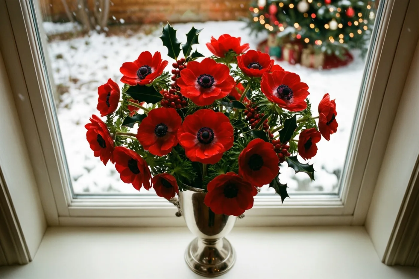 Een zilveren vaas met rode anemonen en hulstbessen staat op een vensterbank, met door het raam zicht op sneeuw en een onscherpe kerstboom met lichtjes.