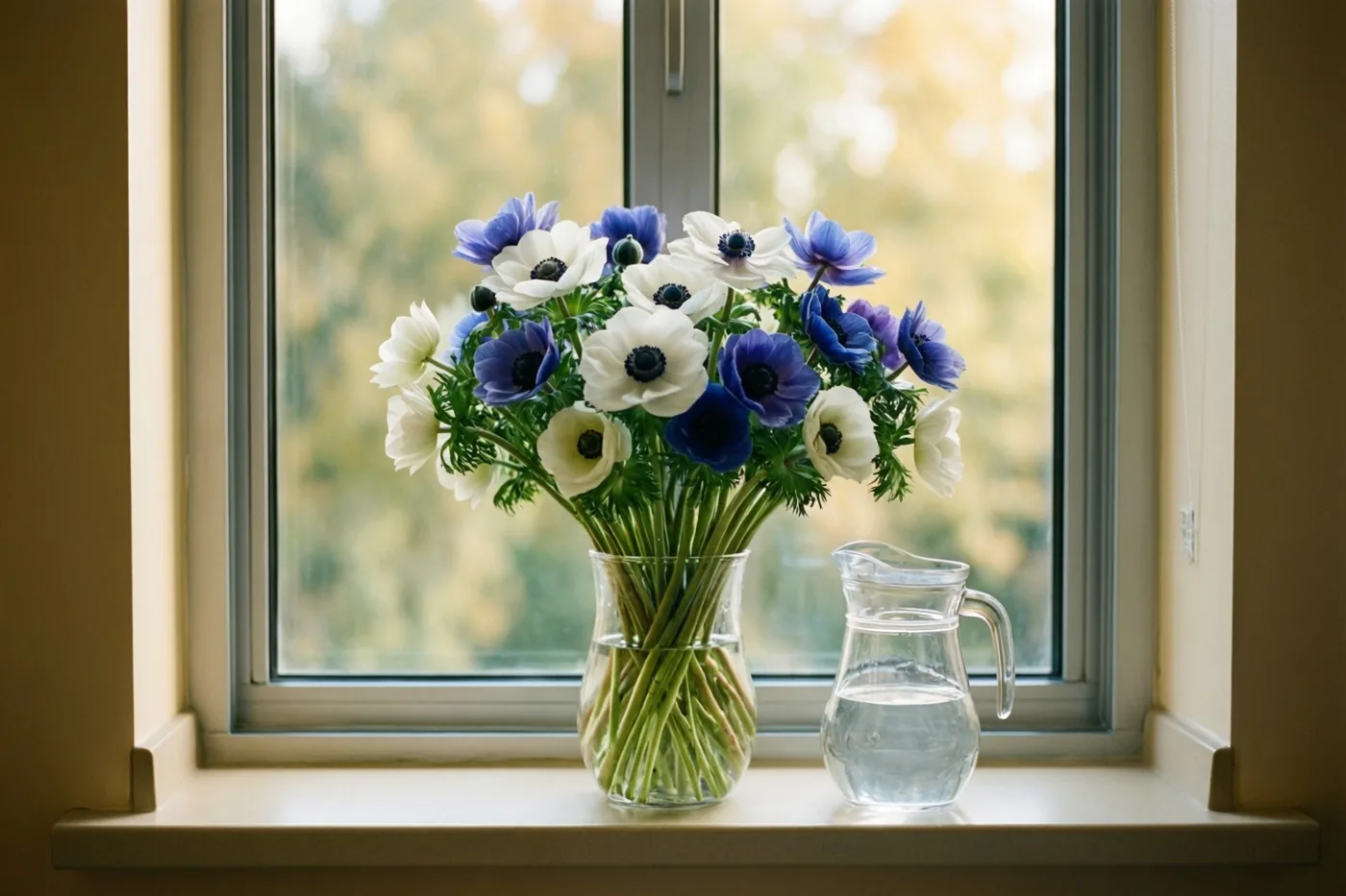 Witte en blauwe anemonen staan in een heldere glazen vaas op een vensterbank naast een bijpassende glazen waterkan, in zacht daglicht met een onscherpe buitenachtergrond.