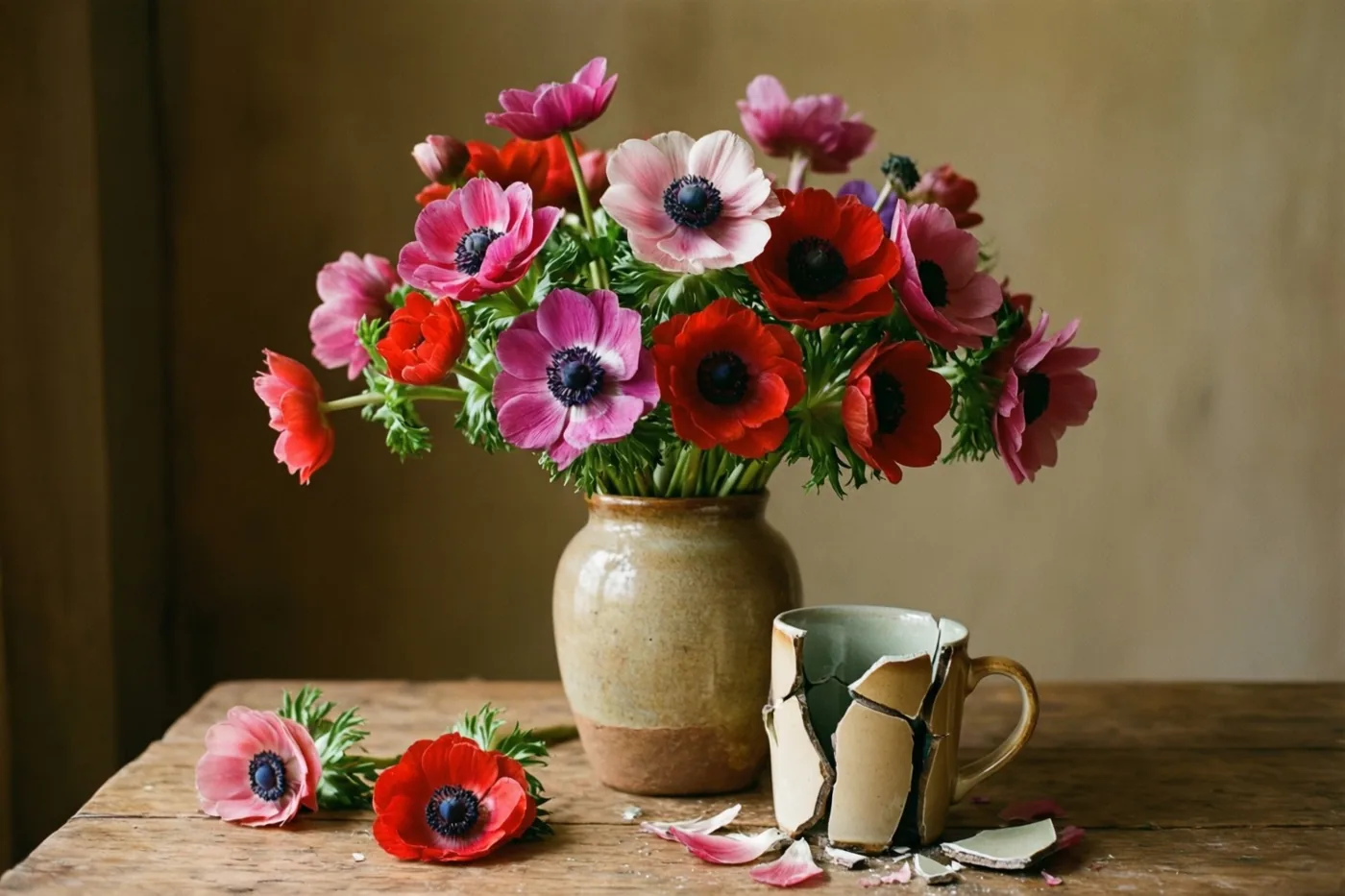 Rode en roze anemonen staan in een keramische vaas op een houten tafel naast een gebroken keramische mok met zichtbare barsten en scherven, tegen een warme, gedempte achtergrond.