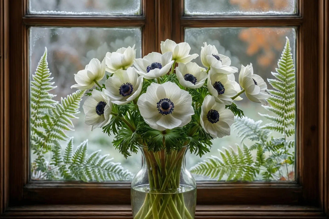 Een glazen vaas met witte anemonen staat binnenshuis in natuurlijk licht op een vensterbank, met berijpte varens zichtbaar op de ruit erachter.