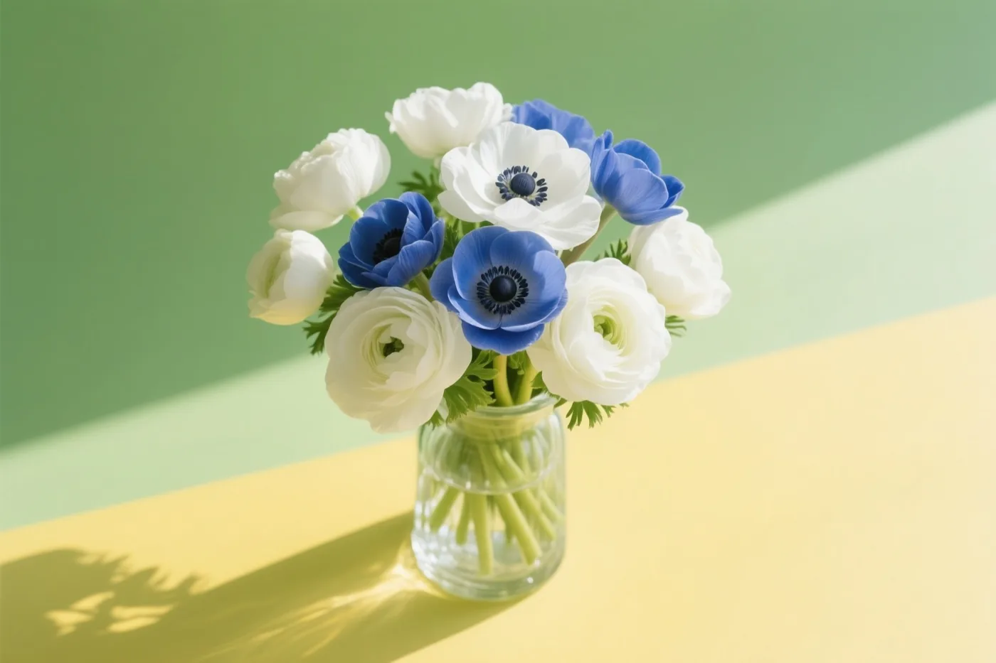 Een boeket witte en blauwe anemonen staat in een glazen vaas op een geel oppervlak tegen een groene achtergrond, met sterke schaduwen in helder licht.