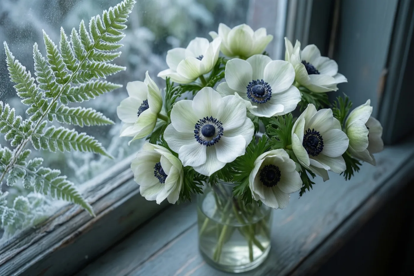 Witte anemonen met donkere hartjes staan in een doorzichtige glazen vaas op een houten vensterbank, met berijpte varenbladeren zichtbaar op de ruit erachter.