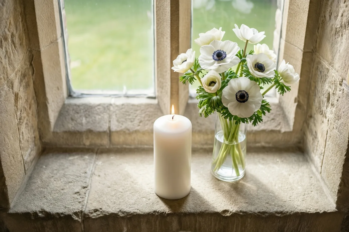 Een brandende witte doopkaars en een vaas witte anemonen staan op een zonnige stenen vensterbank in een kerk, met een zachte groene achtergrond door het raam.