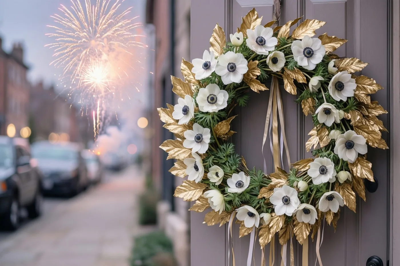 Een krans met witte anemonen en goudgeverfde bladeren hangt aan een voordeur, met onscherp vuurwerk boven de straat in de schemering op de achtergrond.