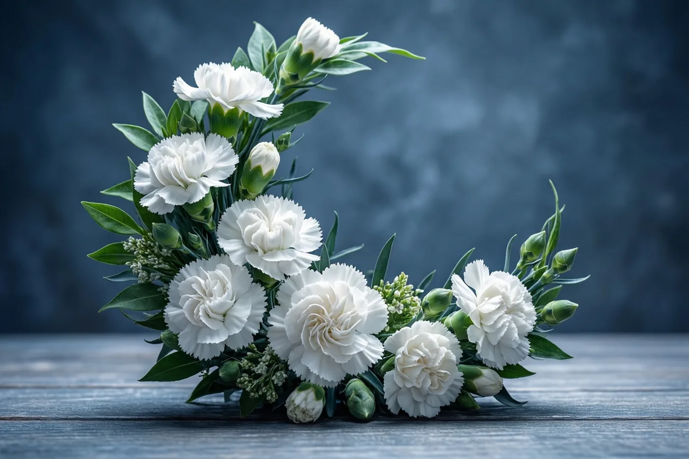Een bloemstuk in de vorm van een maansikkel, met witte anjers en groene bladeren, ligt op een donkere houten tafel tegen een blauwgrijze achtergrond.