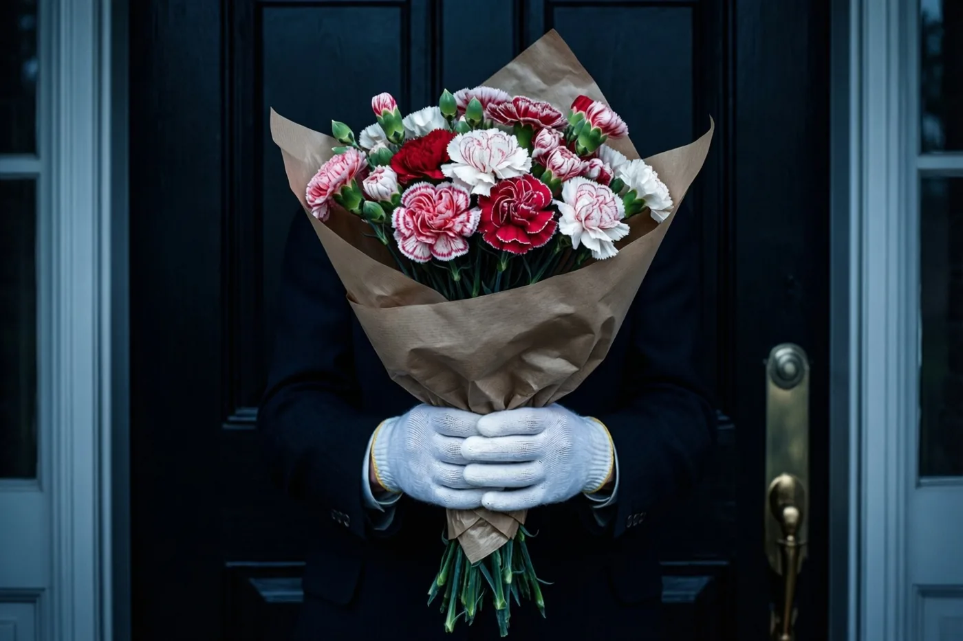 Een persoon in een donker pak en witte katoenen handschoenen houdt rode, roze en witte anjers in bruin papier bij een donkere houten voordeur in jaren-vijftigstijl.