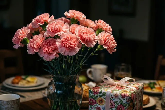 Een vaas roze anjers staat op een ontbijttafel naast een klein geschenk in bloemenpapier met een lint, in warm licht.
