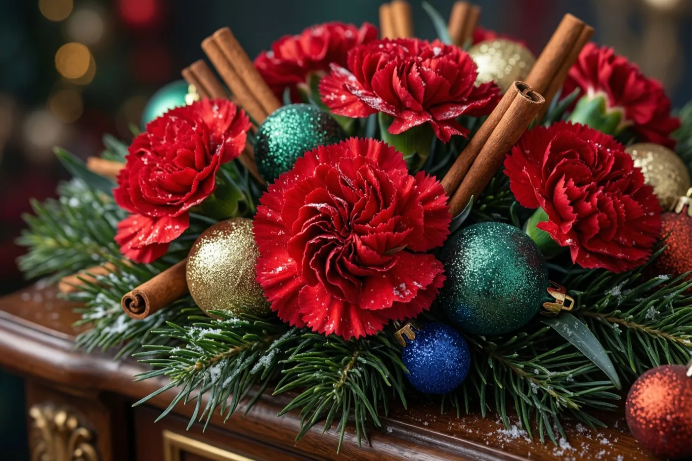 Een winterbloemstuk met rode anjers, kaneelstokjes, kleurrijke kerstballen, groene dennentakken en wat sneeuw staat op een houten dressoir.