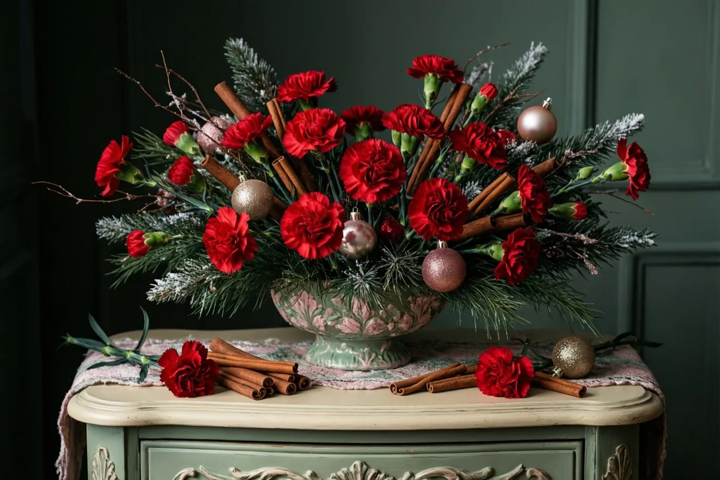 Een bloemstuk van rode anjers, kaneelstokjes en glitterende kerstballen staat in een siervaas op een vintage dressoir tegen een donkergroene muur.