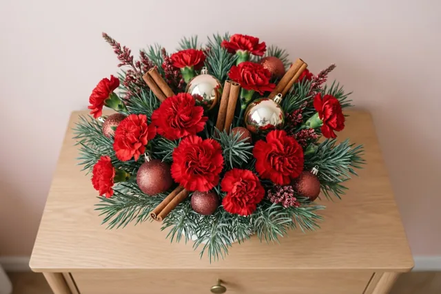 Kerstkleur met rode anjers