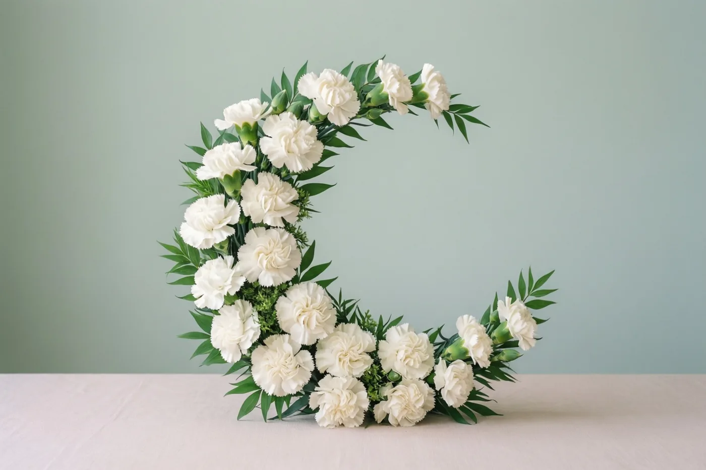 Een maansikkelvormig bloemstuk van witte anjers en groene bladeren staat op een lichte tafel tegen een bleekgroene muur.