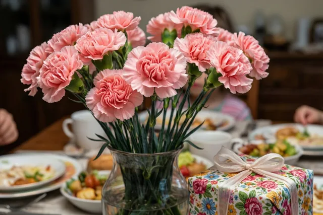 Bloemen bij het ontbijt, mama