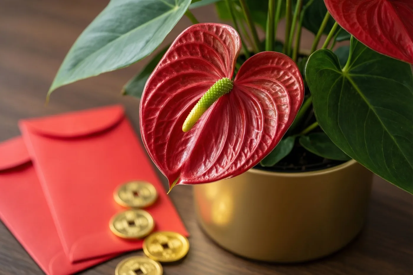 Een rode anthurium in een gouden pot staat op een houten ondergrond naast rode enveloppen en gouden munten, in rode, diepgroene en gouden tinten.