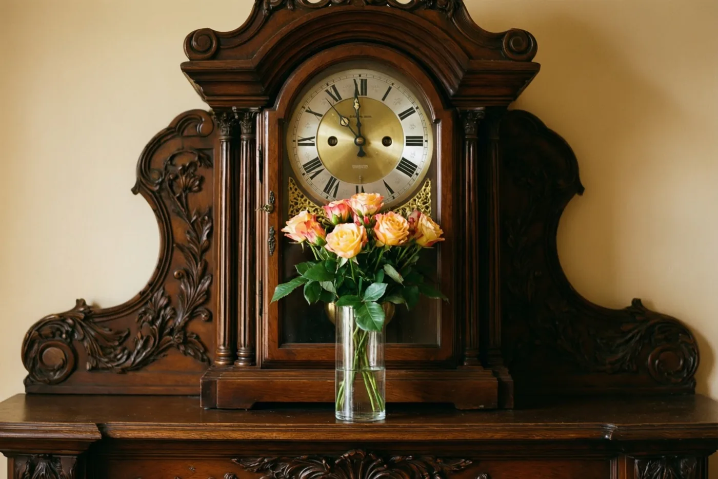 Een sierlijke antieke houten schouwklok met bloemen op de wijzerplaat staat op donker hout, met ervoor een glazen vaas met oranje en gele rozen tegen een lichtbeige muur.