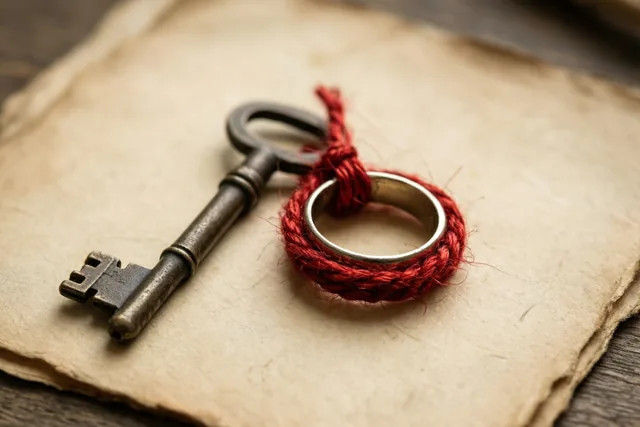 Een antieke sleutel en een zilveren ring zijn met rood touw samengebonden op oud papier met zichtbare structuur, in zacht warm licht.