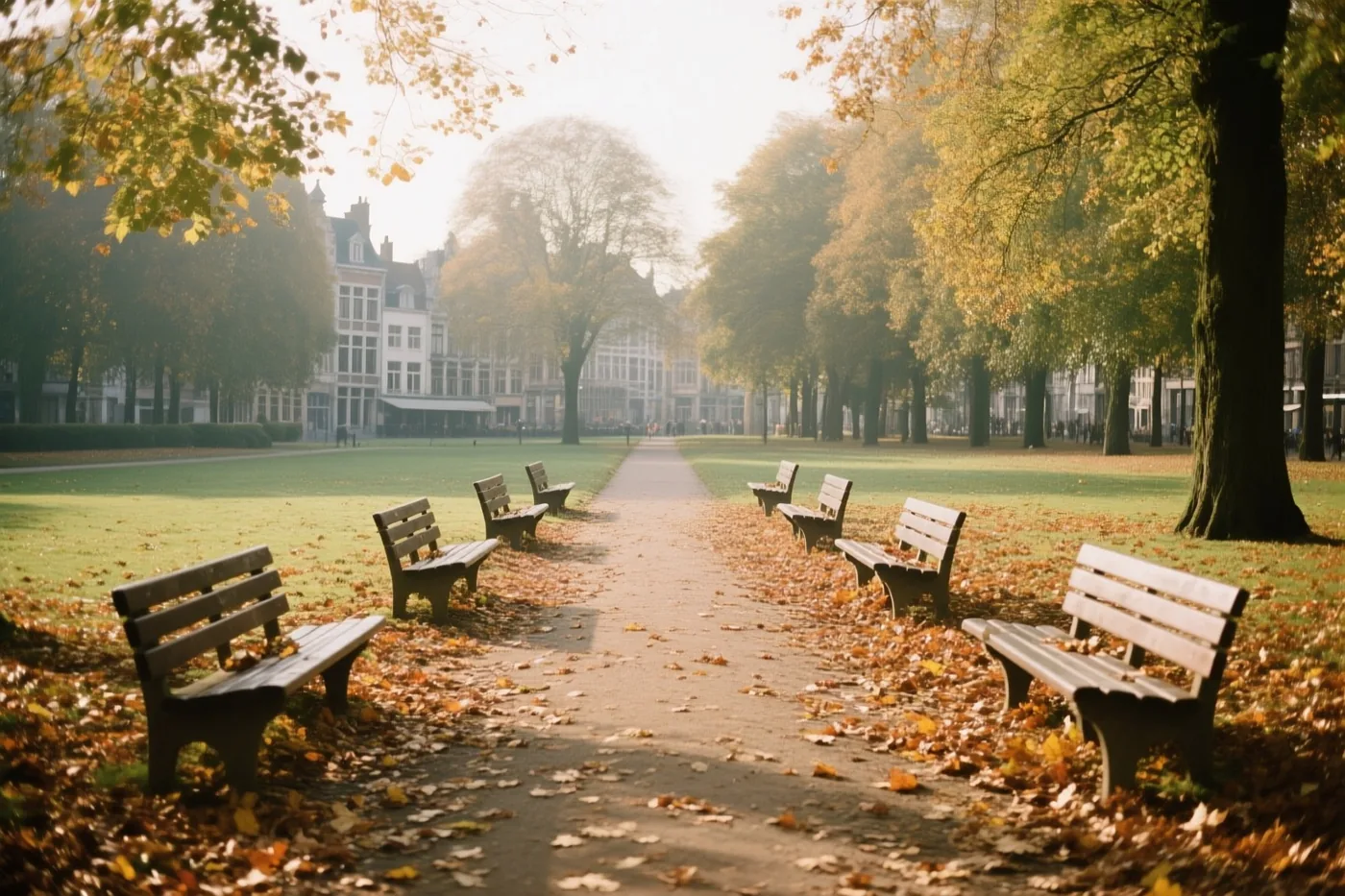 Een Antwerps parkpad vol herfstbladeren loopt langs lege houten banken en herfstbomen, met historische gebouwen op de achtergrond in gouden licht.