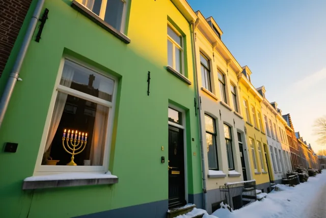Kleurrijke Antwerpse rijhuizen staan op een besneeuwde winteravond in goudkleurig zonsonderganglicht, met een brandende kandelaar in het raam van het groene huis.