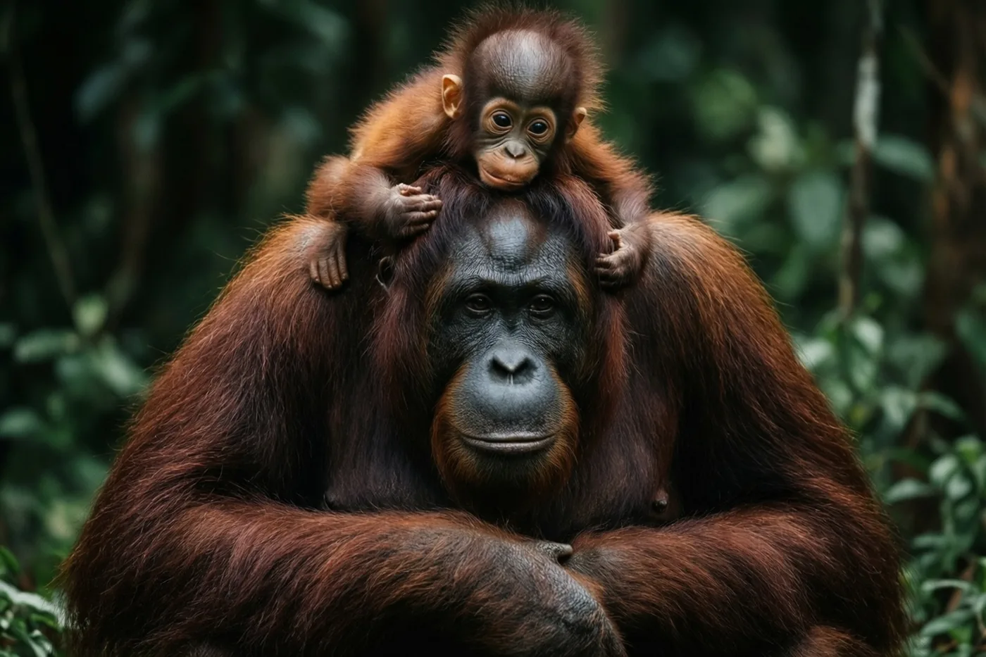 Een orang-oetanmoeder zit in een weelderig groen bos met haar jong boven op haar hoofd.
