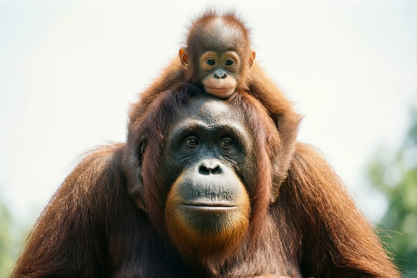 Een orang-oetanmoeder en haar jong boven op haar hoofd kijken naar voren tegen een lichte, wazige achtergrond.