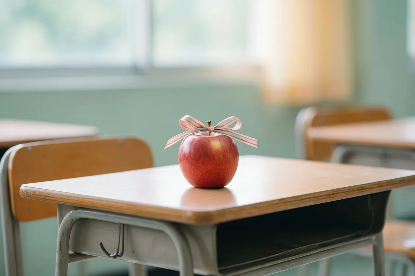 Een glanzende rode appel met een roze lint staat midden op een houten schoolbank in een klaslokaal met zacht daglicht.