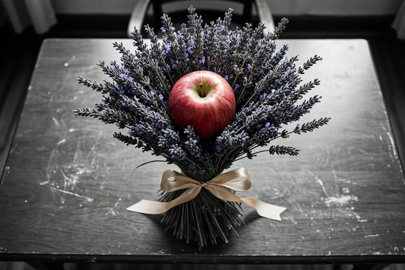 Een boeket gedroogde lavendel met een rode appel in het midden en een beige lint ligt op een donker, bekrast houten bureau tegen een gedempte monochrome achtergrond.