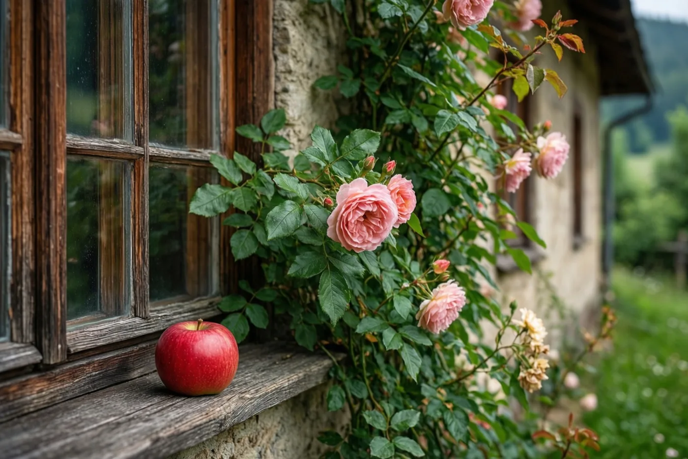 Een rode appel ligt op een verweerde houten vensterbank naast roze klimrozen, bij een stenen muur en een houten raamkozijn.