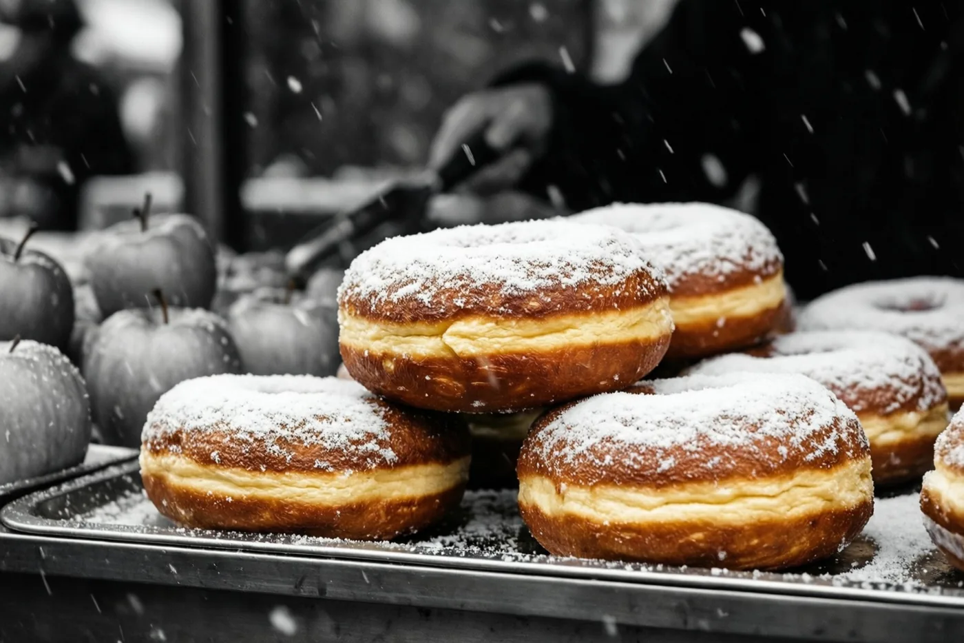 Een schaal warme appelbeignets met bloemsuiker staat bij een kraam onder vallende sneeuw, met appels op de achtergrond.