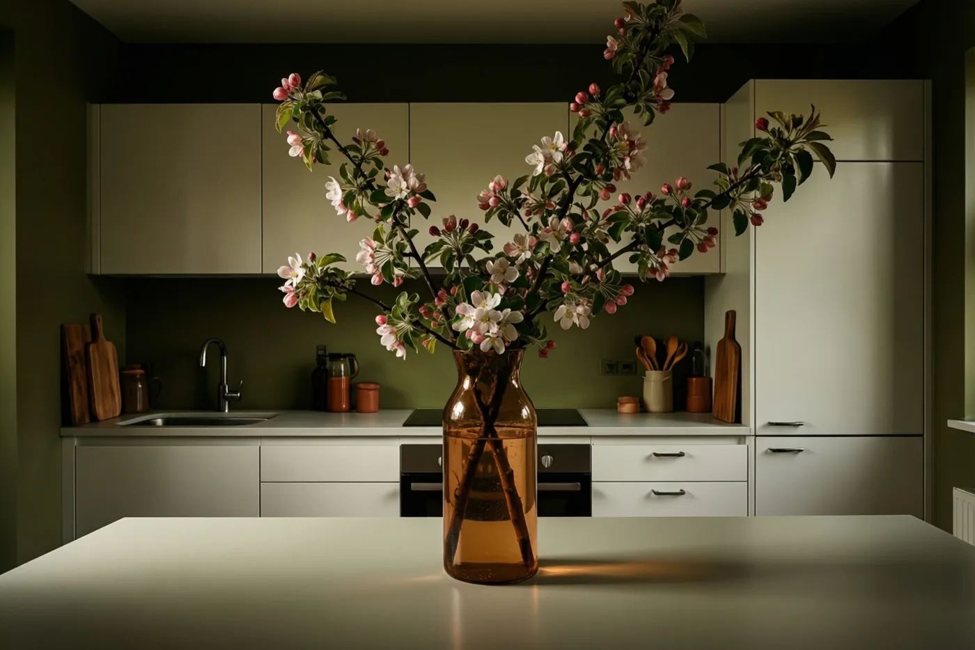 Een hoge amberkleurige kan met een tak appelbloesems staat op een wit keukenwerkblad, met witte kasten en olijfgroene muren erachter.