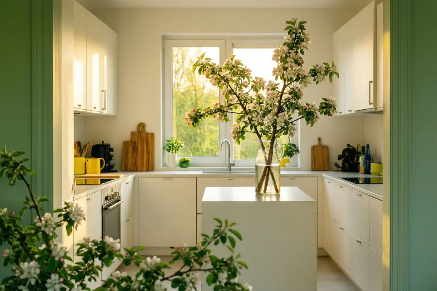 Een hoge glazen kan met een tak appelbloesems staat op het keukeneiland van een minimalistische witte keuken waar natuurlijk licht door een raam binnenvalt.