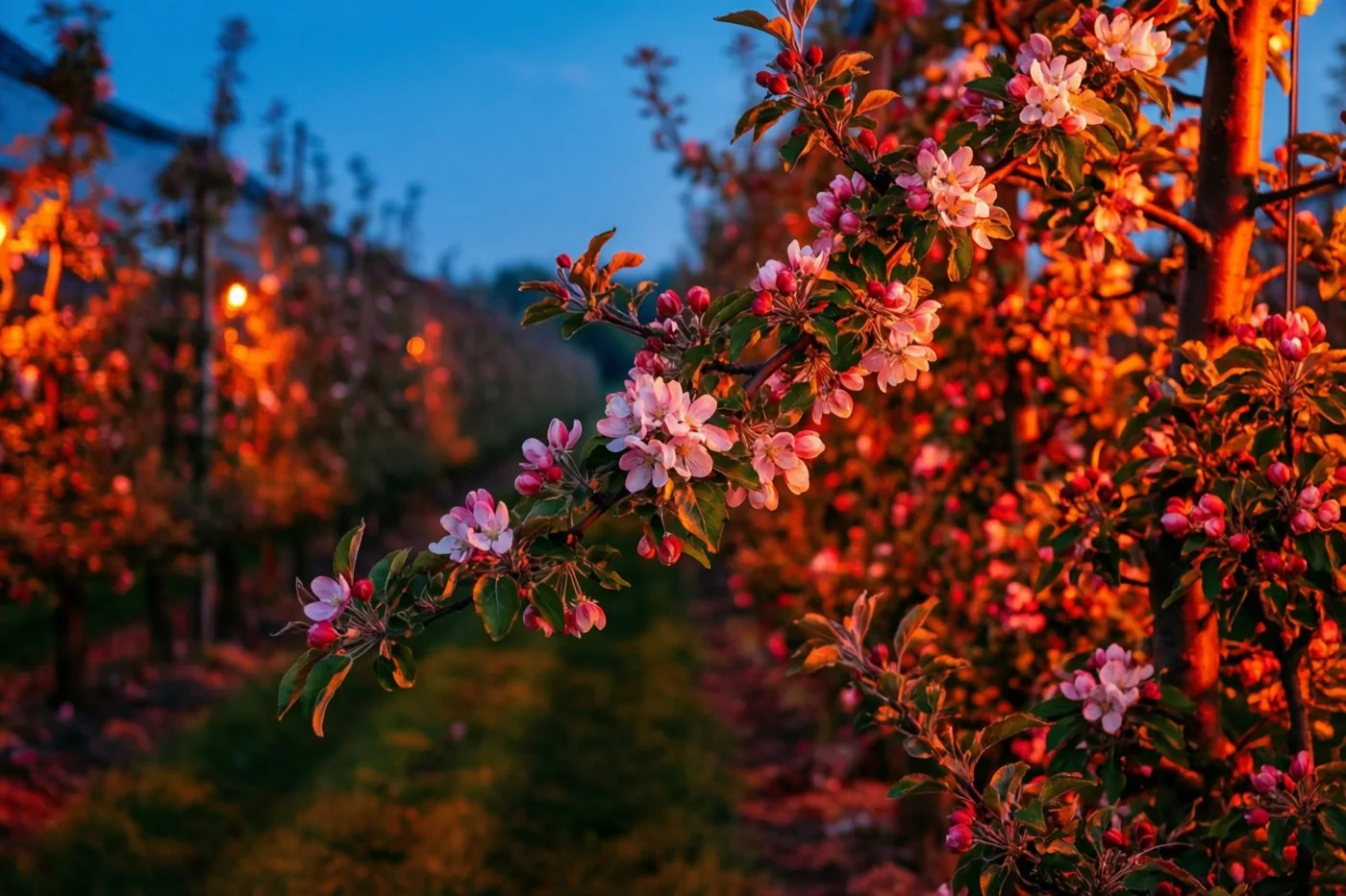Bloeiende appelboomtakken zijn van dichtbij te zien, met rijen bomen op de achtergrond onder een schemerhemel in warm oranje en roze licht.