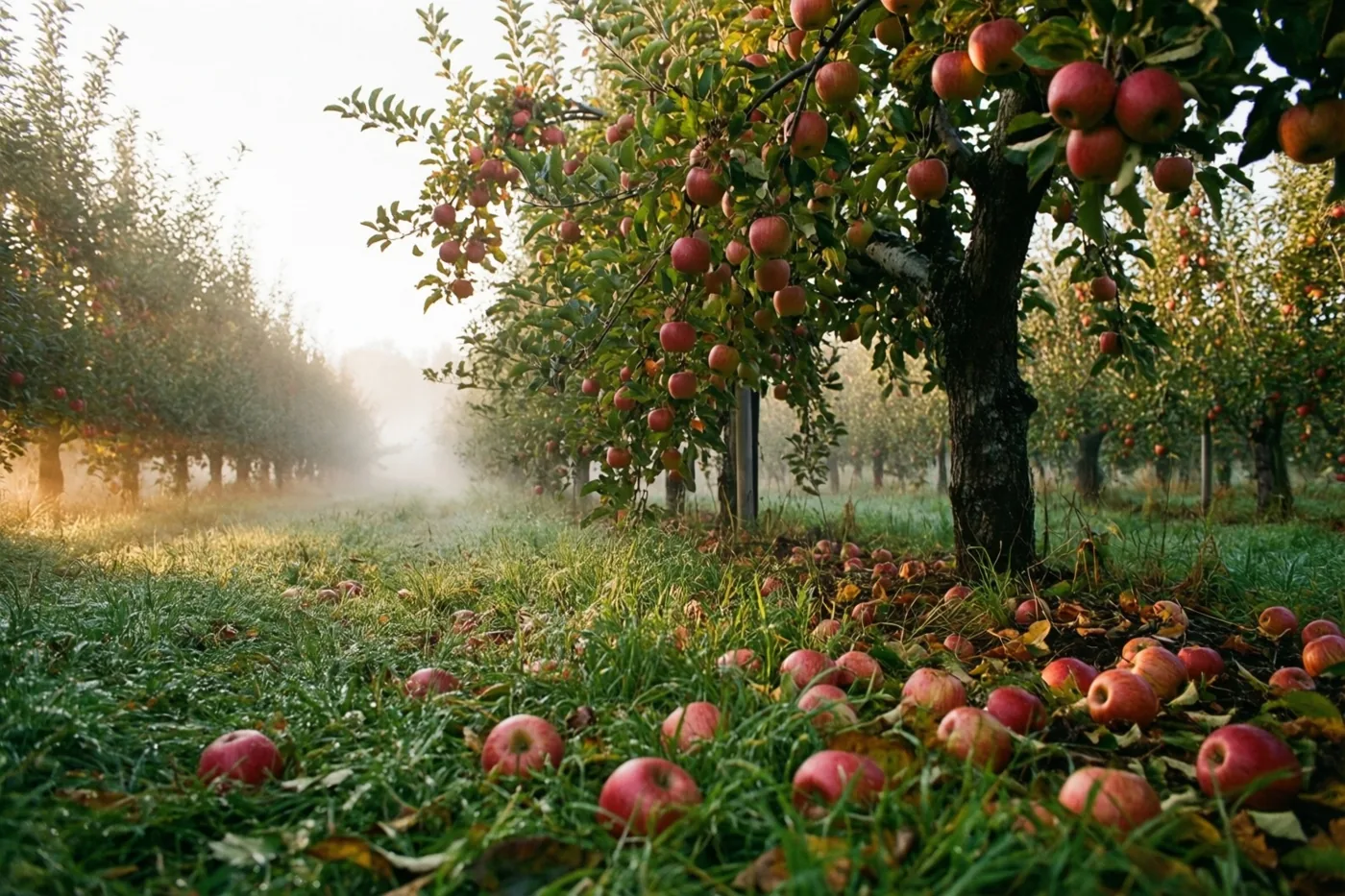 Rijen appelbomen dragen rode appels, met veel gevallen appels op het groene gras en ochtendmist tussen de bruine stammen in zacht gouden licht.