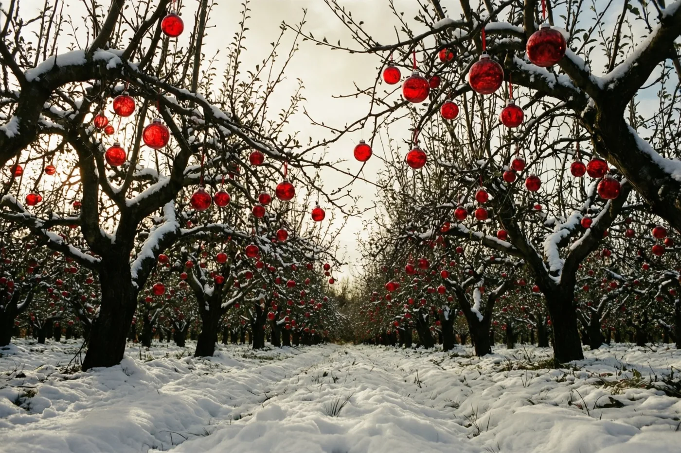 Rode glazen kerstballen hangen aan de kale, besneeuwde takken van appelbomen in een boomgaard onder een zacht bewolkte hemel.
