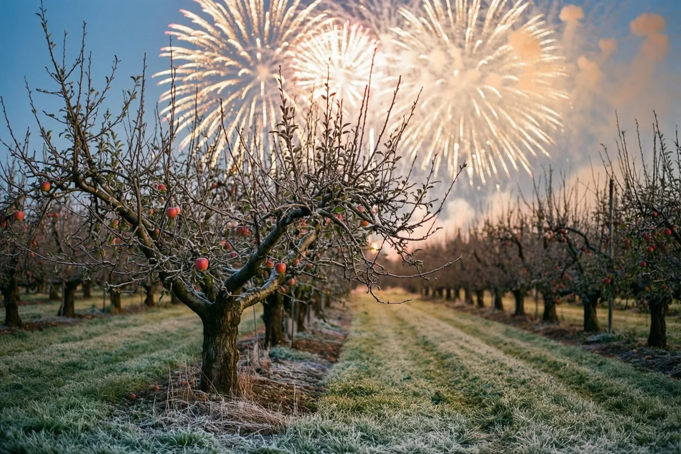 Kale appelbomen staan boven berijpt gras onder een blauwe avondhemel met zilverkleurig vuurwerk en warme lichttinten.