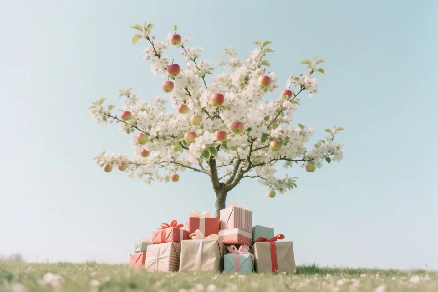 Een appelboom met witte bloesems en rode appels staat in het gras onder een heldere blauwe hemel, met ingepakte cadeaus aan de voet.