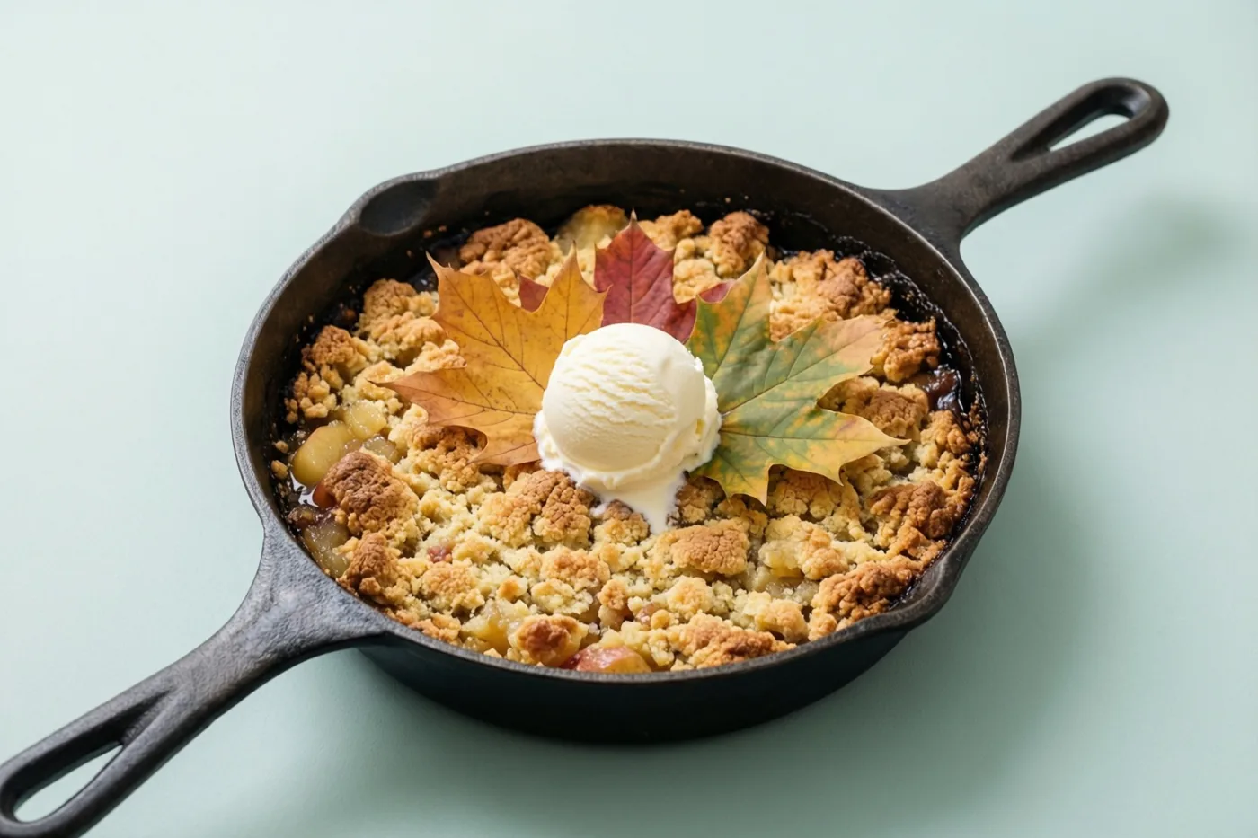 Een gietijzeren pan bevat goudbruine appelcrumble met een bol vanille-ijs en twee herfstbladeren tegen een effen lichtblauwe achtergrond.