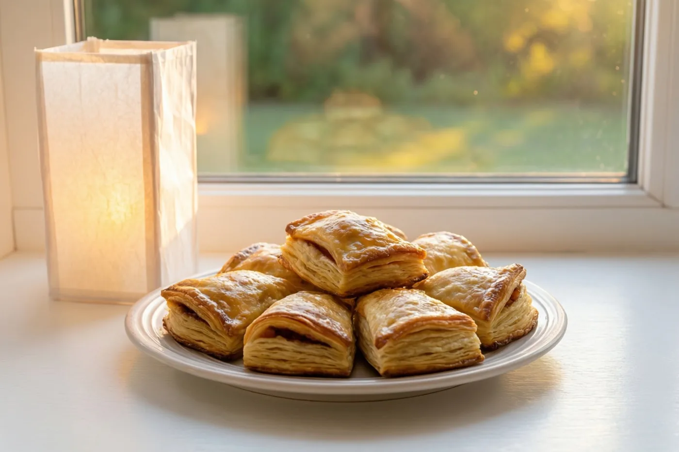 Goudbruine appelflappen op een bord staan naast een lichtgevende papieren lantaarn op een vensterbank, met een onscherp uitzicht bij schemerlicht.