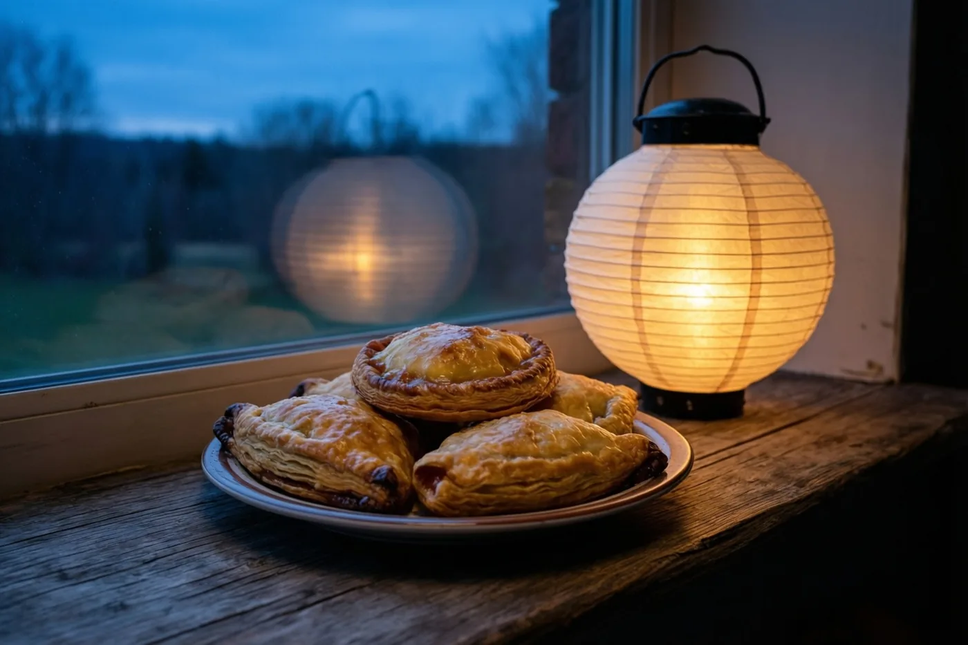 Een bord goudbruine appelflappen staat naast een lichtgevende papieren lantaarn op een houten vensterbank, met een koele blauwe avondlucht achter het raam.