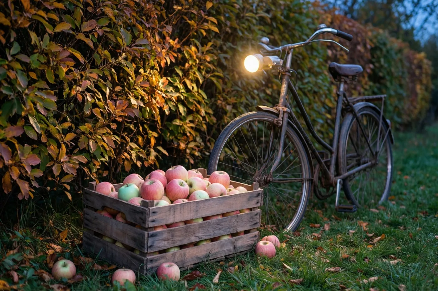 Een houten kist vol rode en groene appels staat op het gras naast een oude fiets met brandende koplamp, voor een haag met oranje en groene bladeren in zacht avondlicht.