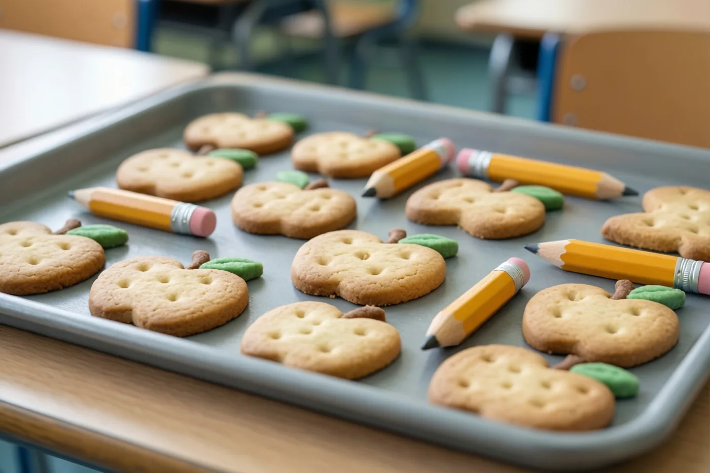 Een metalen bakplaat met goudbruine koekjes in appelvorm en kleine gele potloodjes staat op een houten schoolbank.